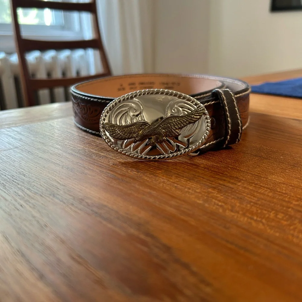 Brown Leather Belt with Silver Eagle Buckle - Picture 1 of 3